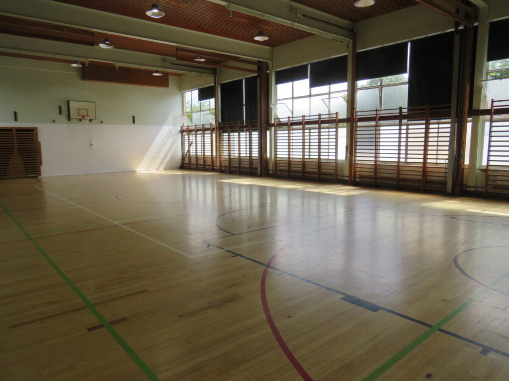 School sports hall with basketball courts and climbing frame bars, at the side of the sports hall by large windows.